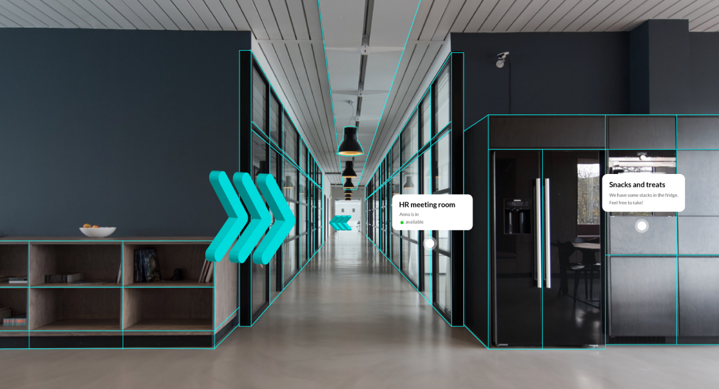 Genesis Augmented Reality Real Estate. Virtual arrows pointing to augmented reality information inside an augmented reality real estate mobile app.