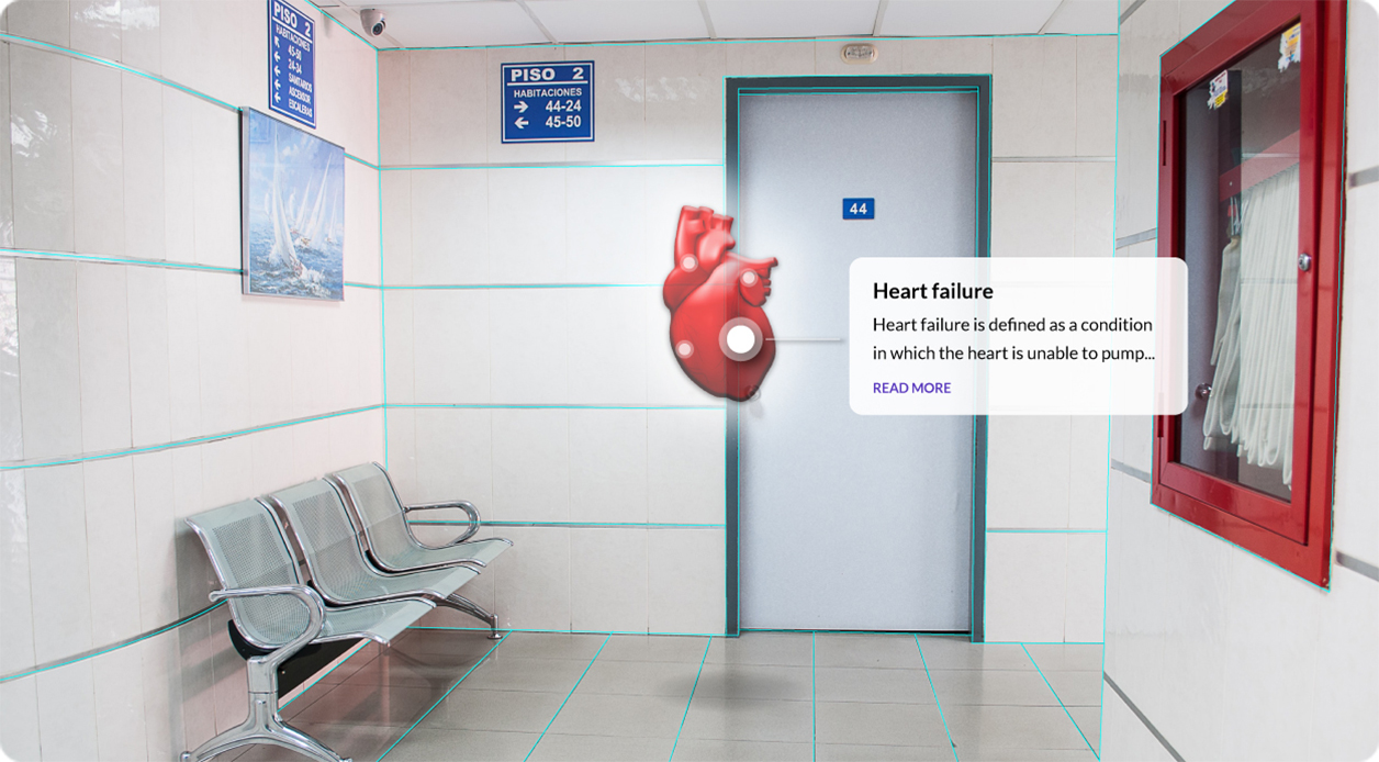 Hospital hallway with augmented reality layover indicating heart failure