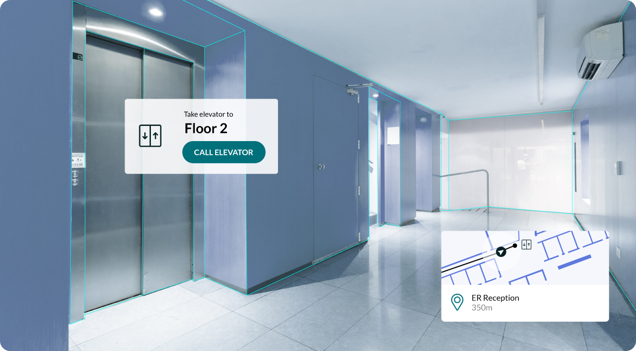 Augmented reality wayfinding overlay in a hospital indicating the user should take the elevator to floor 2