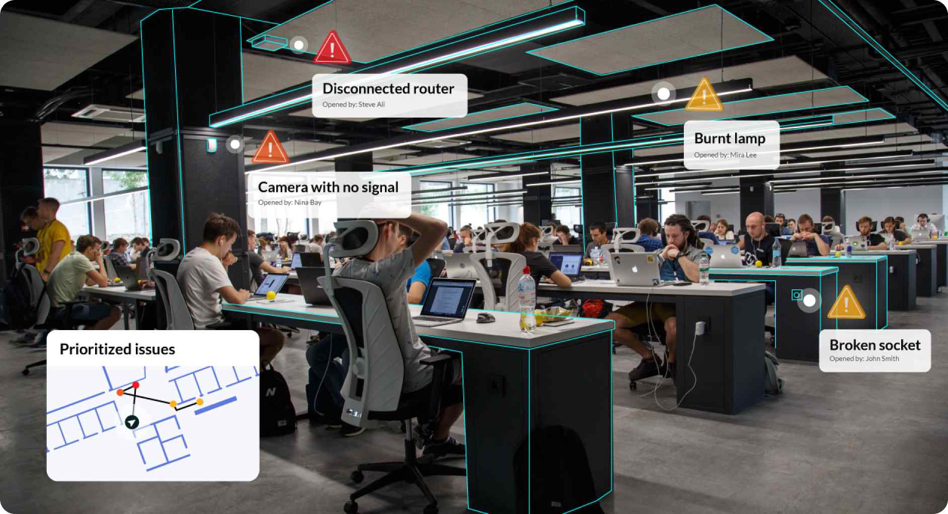 Ticketing augmented reality overlay in an office with tickets indicitating burned out lights and broken sockets.