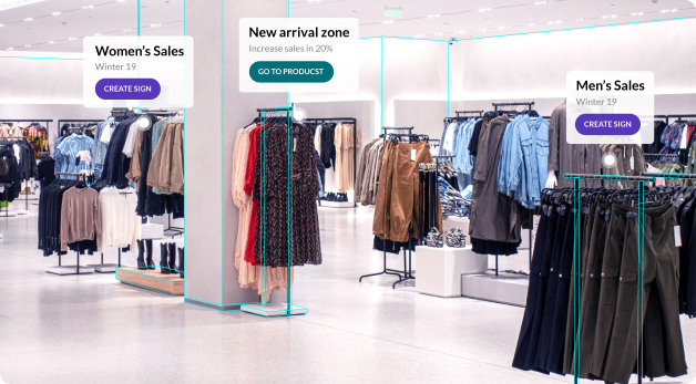 Augmented reality pop-ups indicating women's and men's clothing sales as well as a new arrival zone