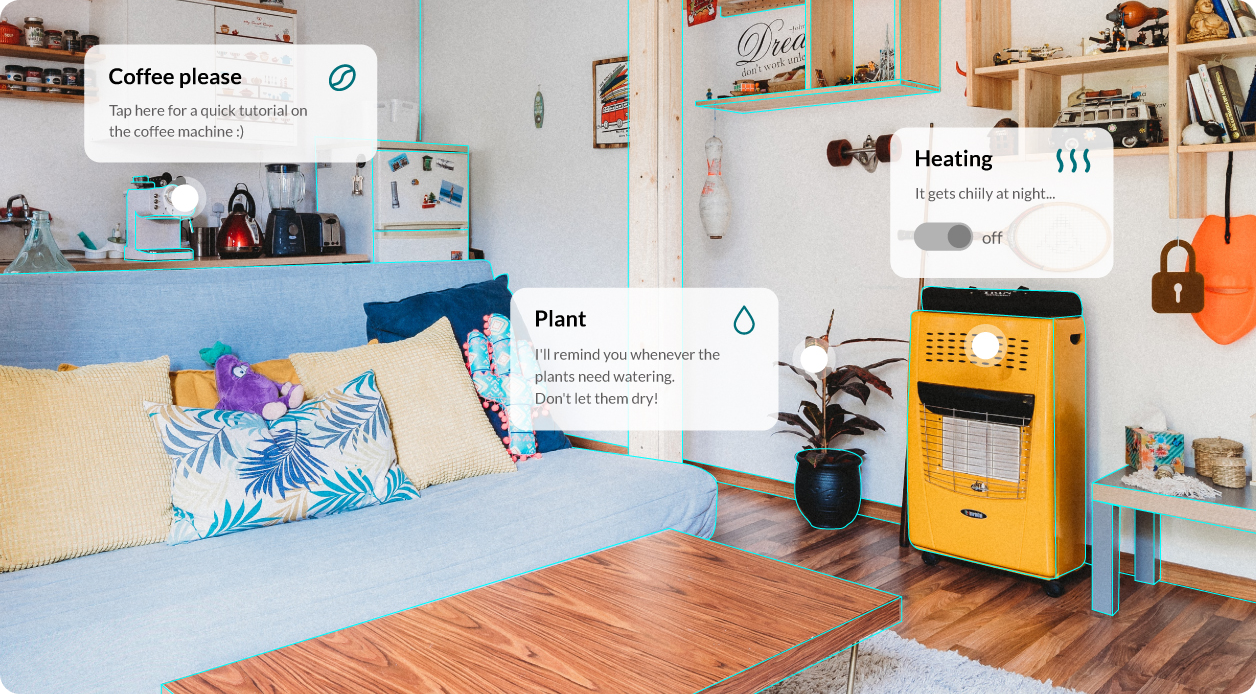 Augmented reality ticket options including 'coffee please', 'plant', and 'heating' options