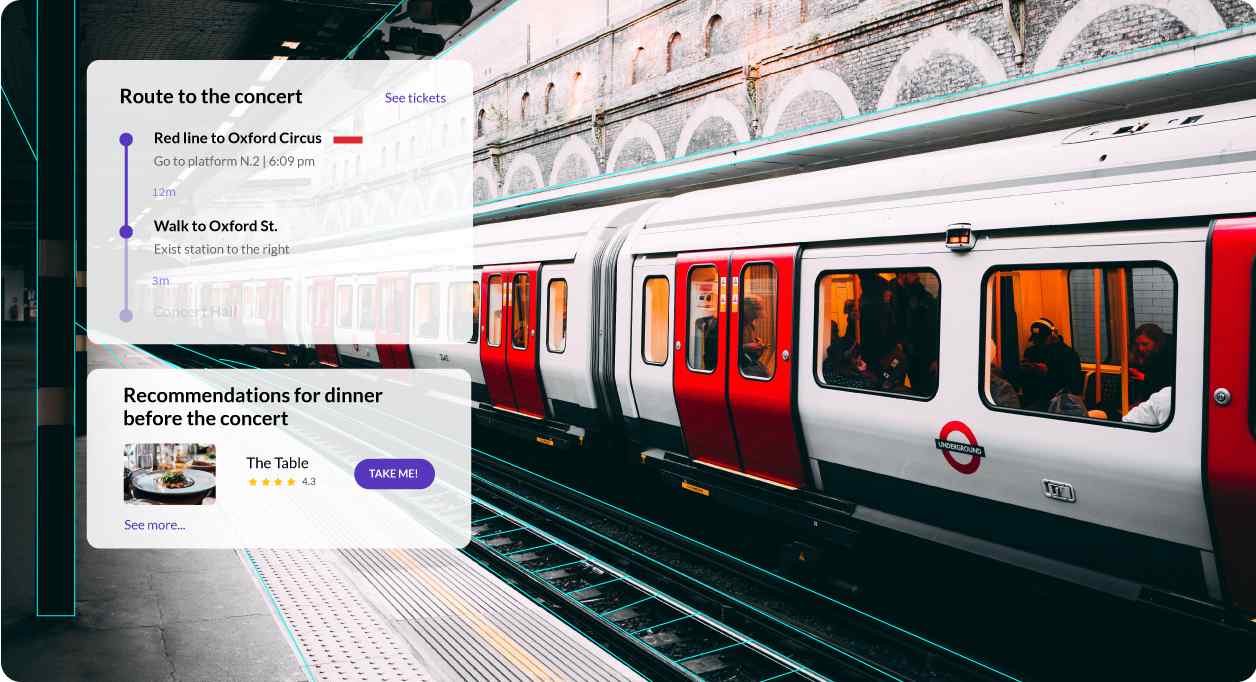 Train station with augmented reality directions showing the path to a concert