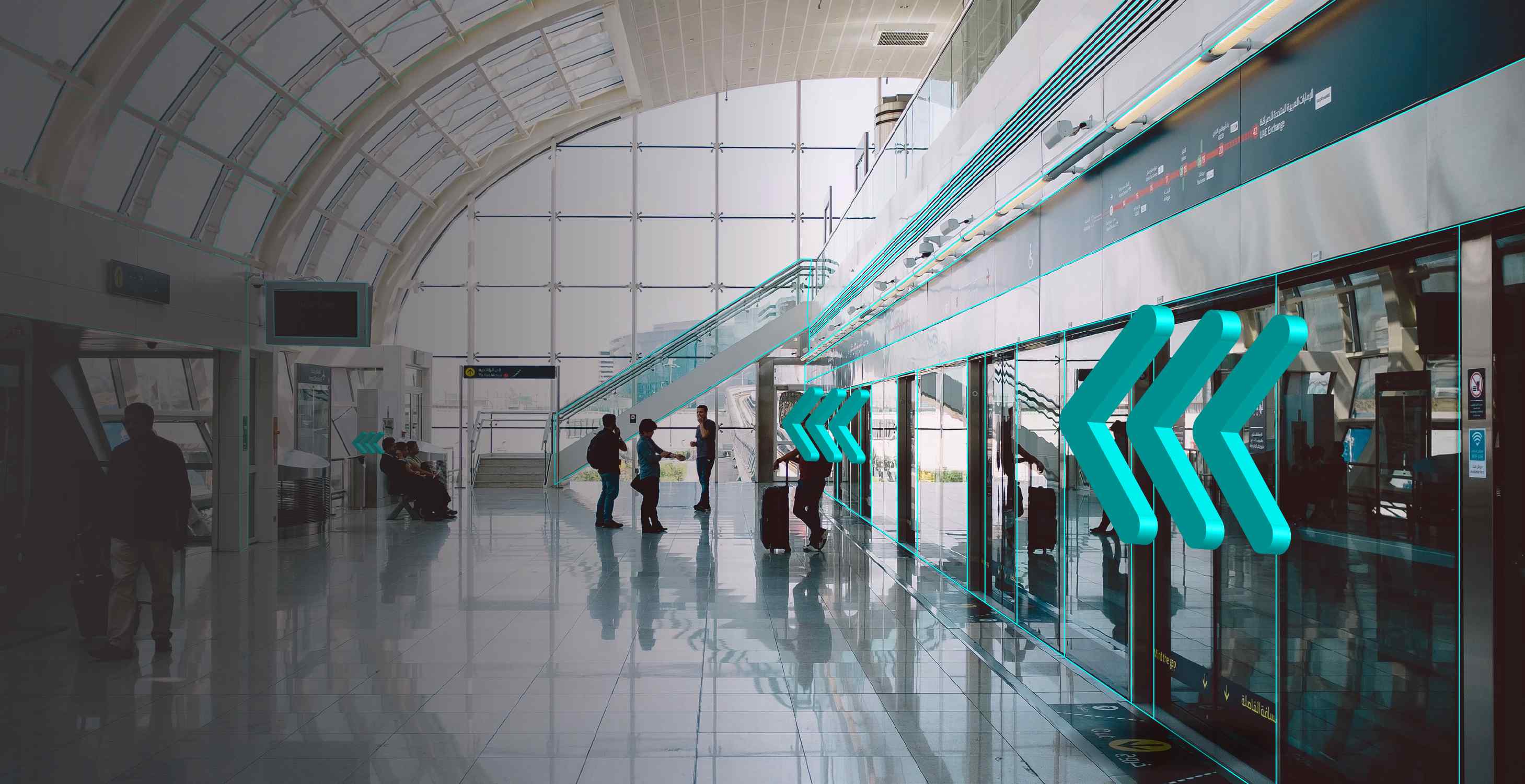 Airport with wayfinding arrows and flight information