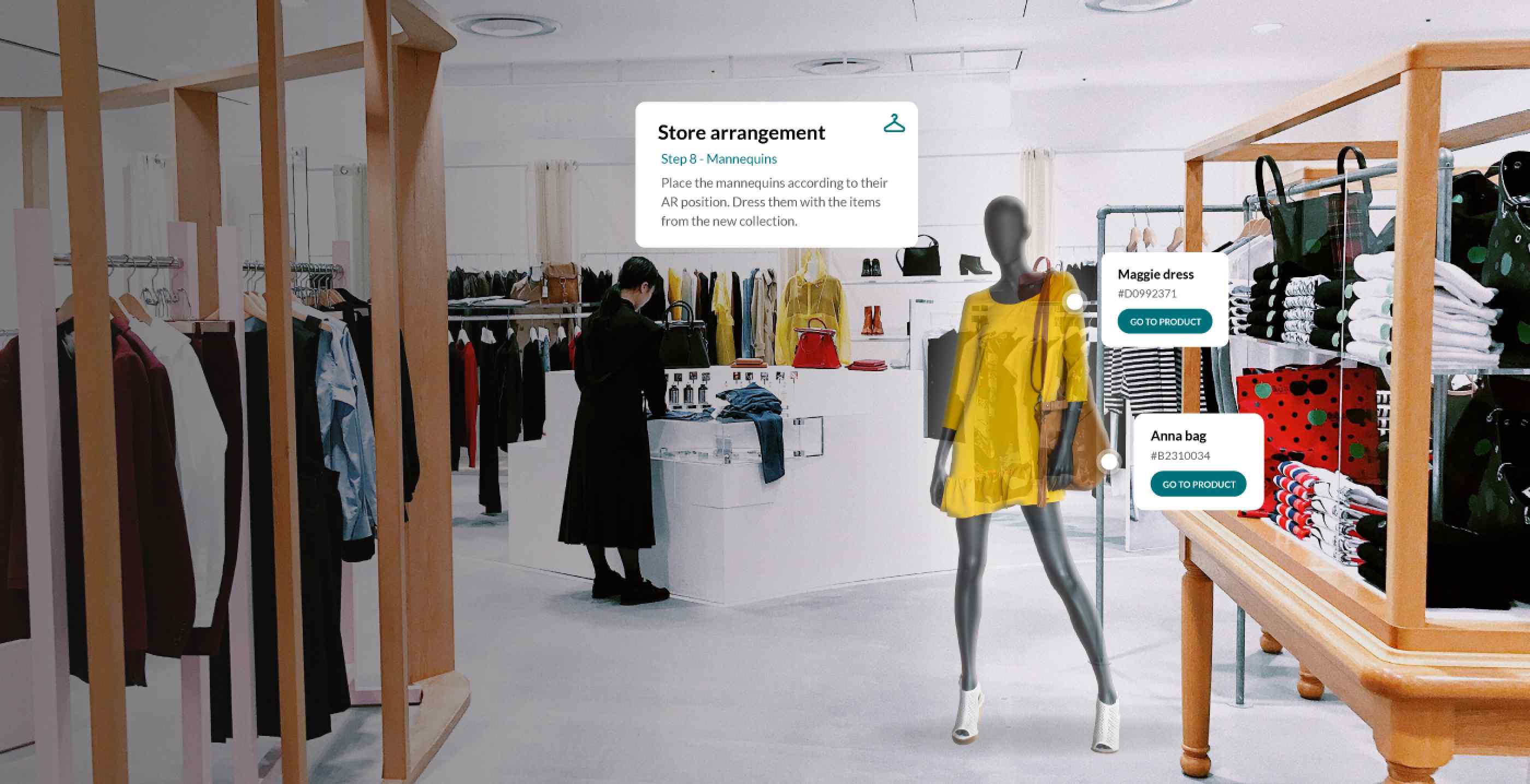 Augmented reality pop-ups indicating product numbers and mannequin dress-up in a retail store